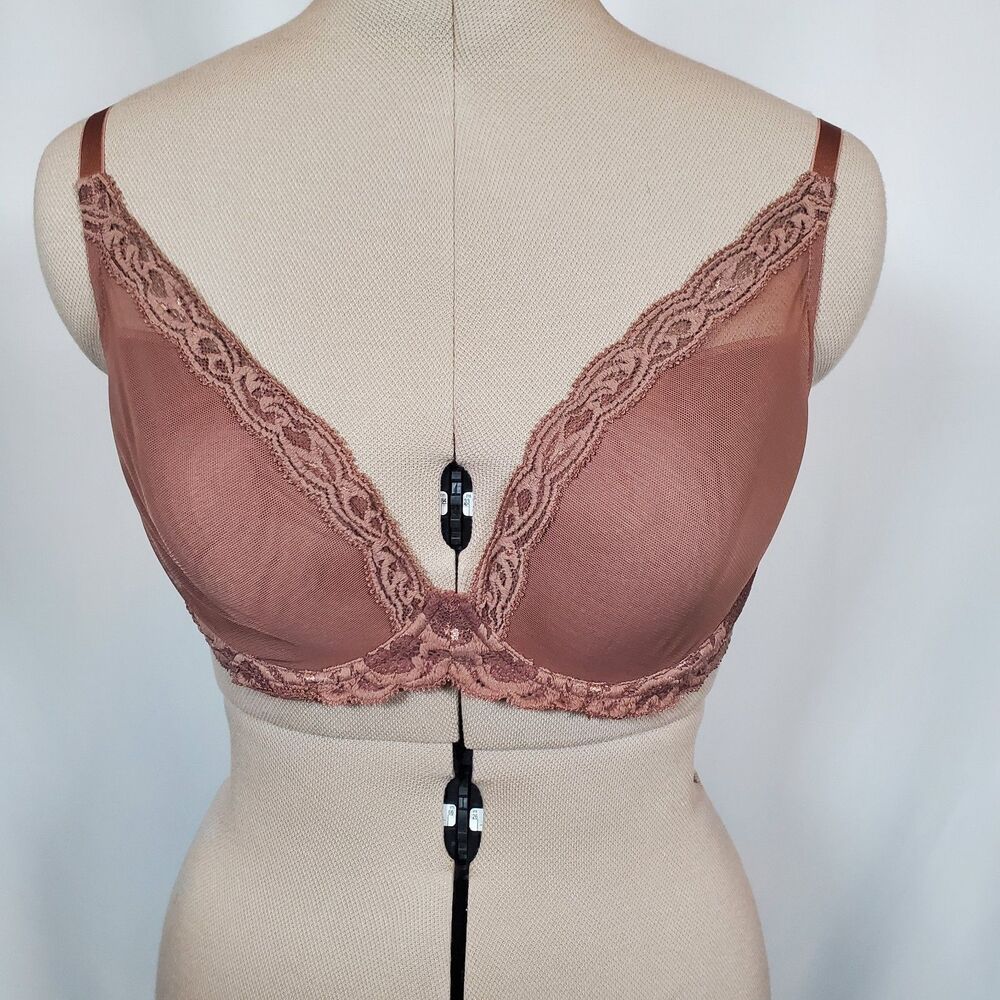 Natori Women’s Feathers Plunge Bra 34DD Mauve Brown Lace Underwire Light Padding - Picture 2 of 7